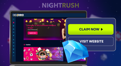 Laptop showing Del Oro casino cashback promo with CLAIM NOW button and large blue diamond.