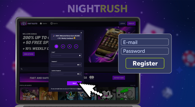 A laptop displaying the Fast Slots casino website, with a pop-up registration form showing E-mail and Password fields, and a mouse pointer hovering over the Register button.