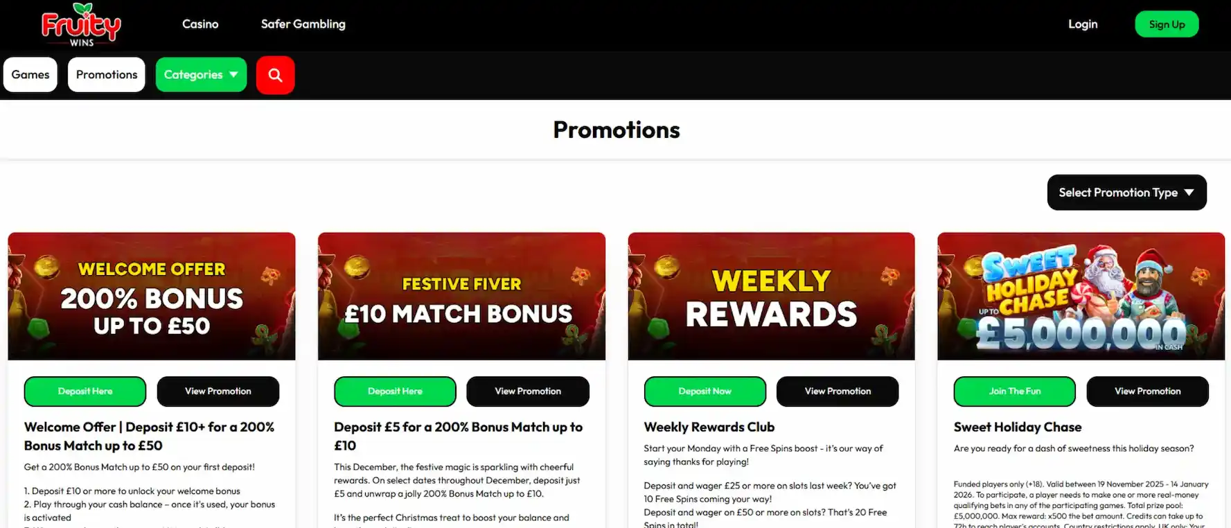 Screenshot of Fruity Win Casino's promotions page