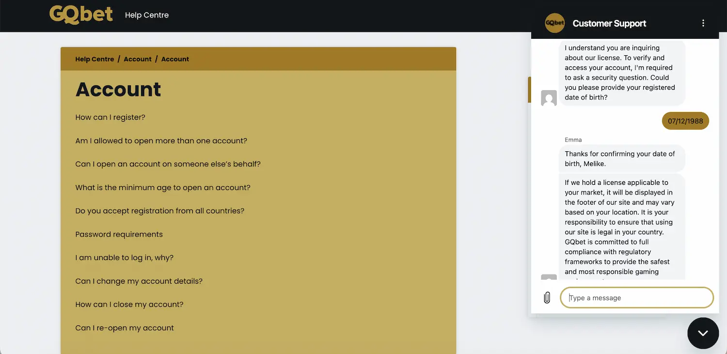 GQbet support chat explaining that applicable licences are displayed in the website footer.