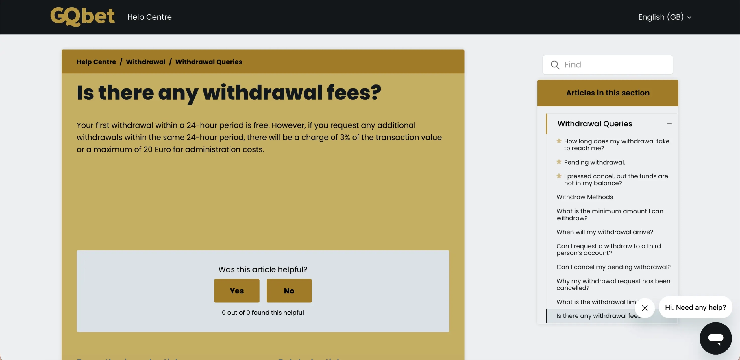 Alt text: GQbet Help Centre page stating that additional withdrawals within 24 hours incur a 3% fee.