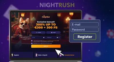 A laptop screen displays a registration form for a casino with a corgi mascot.