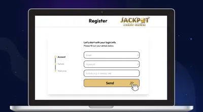 Laptop shows Jackpot Mobile Casino's registration form asking for basic infos.