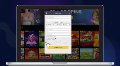 Laptop shows Betmaze Casino's registration form, indicator indicating accept terms.