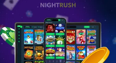 Devices showing bingo rooms and a grid of various slot games.