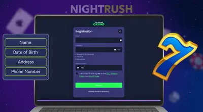 Laptop shows registration fields for Name and Address with a blue 7 icon.