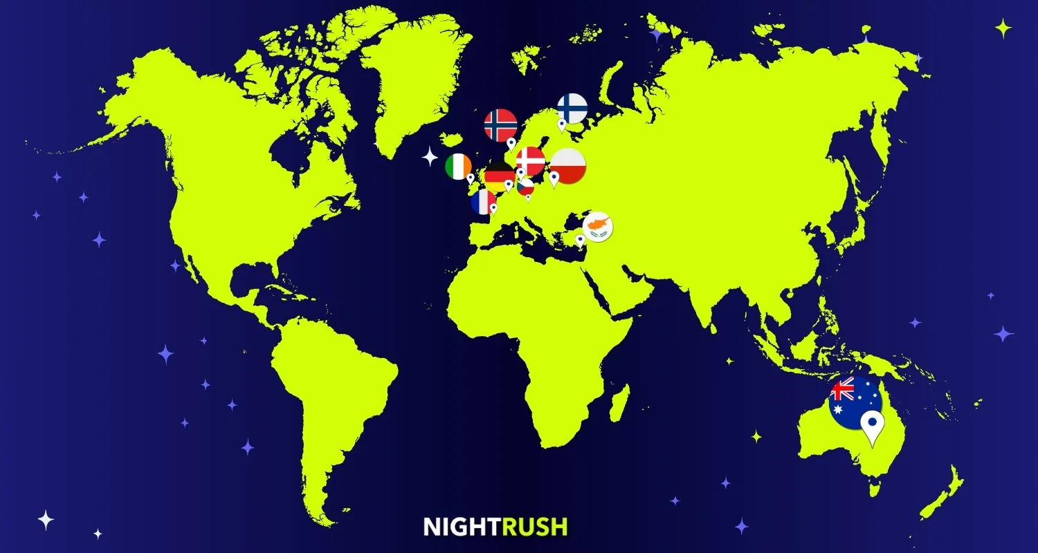 Green and blue world map with Nighrush logo.