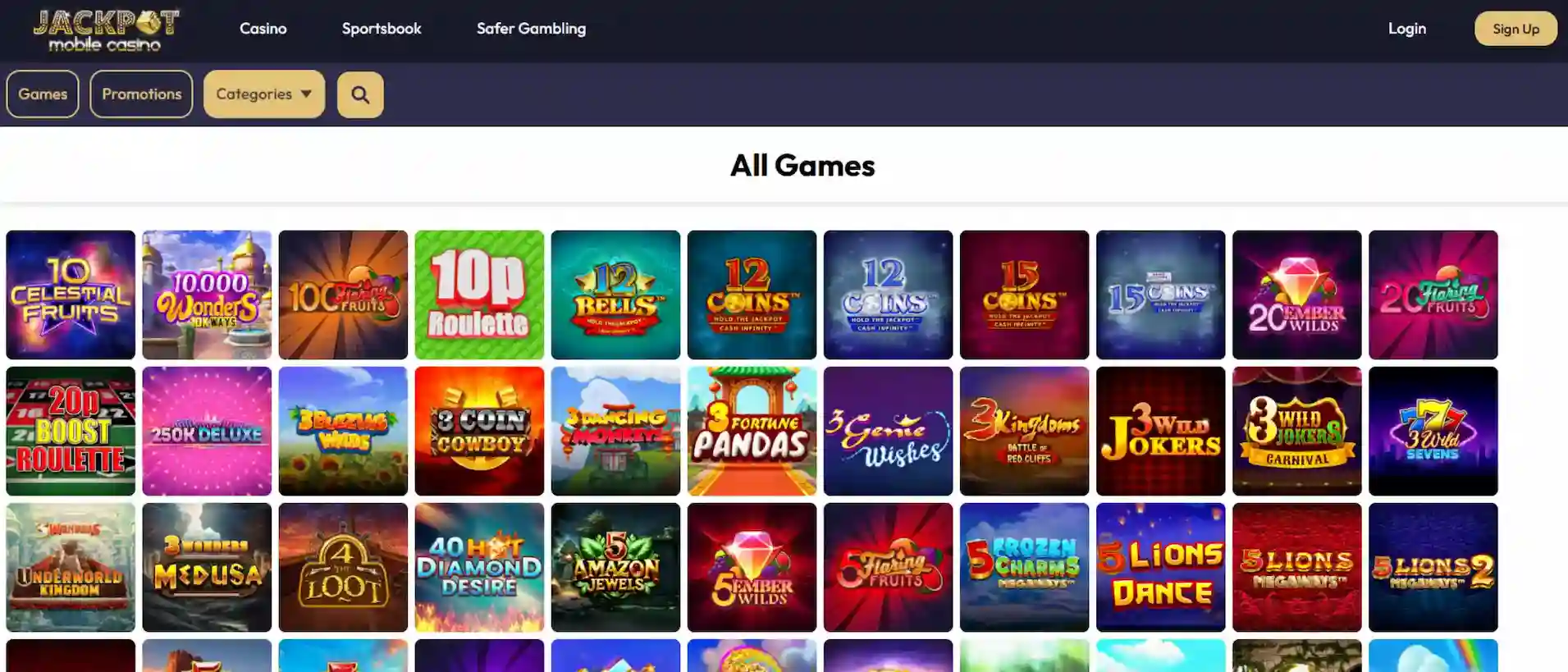 Screenshot of Jackpot Mobile Casino's game selection