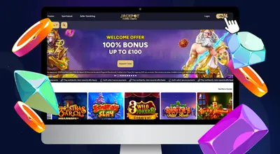 Laptop shows Jackpot Mobile Casino's homepage, a cursor indicating sign up button.