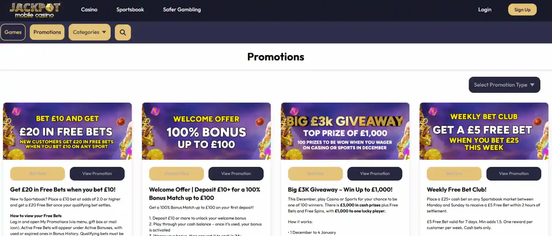 Screenshot of Jackpot Mobile Casino's promotions page