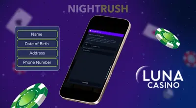 Luna Casino registration on a phone with its logo's personal details and two coins.