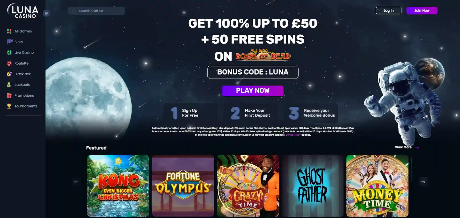 Luna Casino's main page, with a space theme, featured games, a banner and a menu on a blue setting.