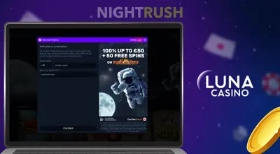 Luna Casino registration on a laptop with its logo and a coin.