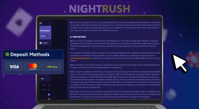 Laptop screen showing CorgiSlot casino terms with deposit methods