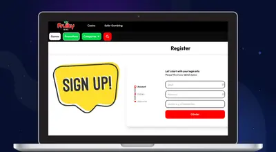 Laptop shows Fruity Wins Casino's registration form.