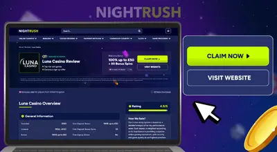 Luna Casino on the Nightrush site on a laptop with a claim now button, a cursor, and a coin.