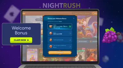 A laptop screen displaying Winbay Casino's welcome bonus options.