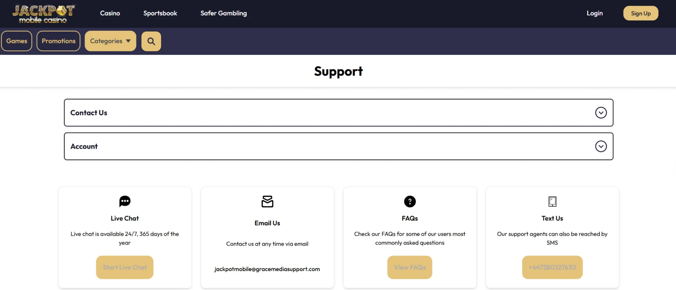 Screenshot of Jackpot Mobile Casino's Support page