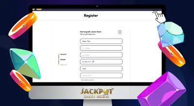 Laptop shows Jackpot Mobile Casino's registration form asking for personal details.