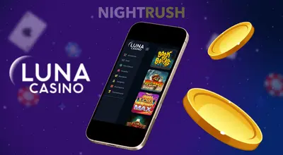 Luna Casino games on a phone with its logo and two coins.