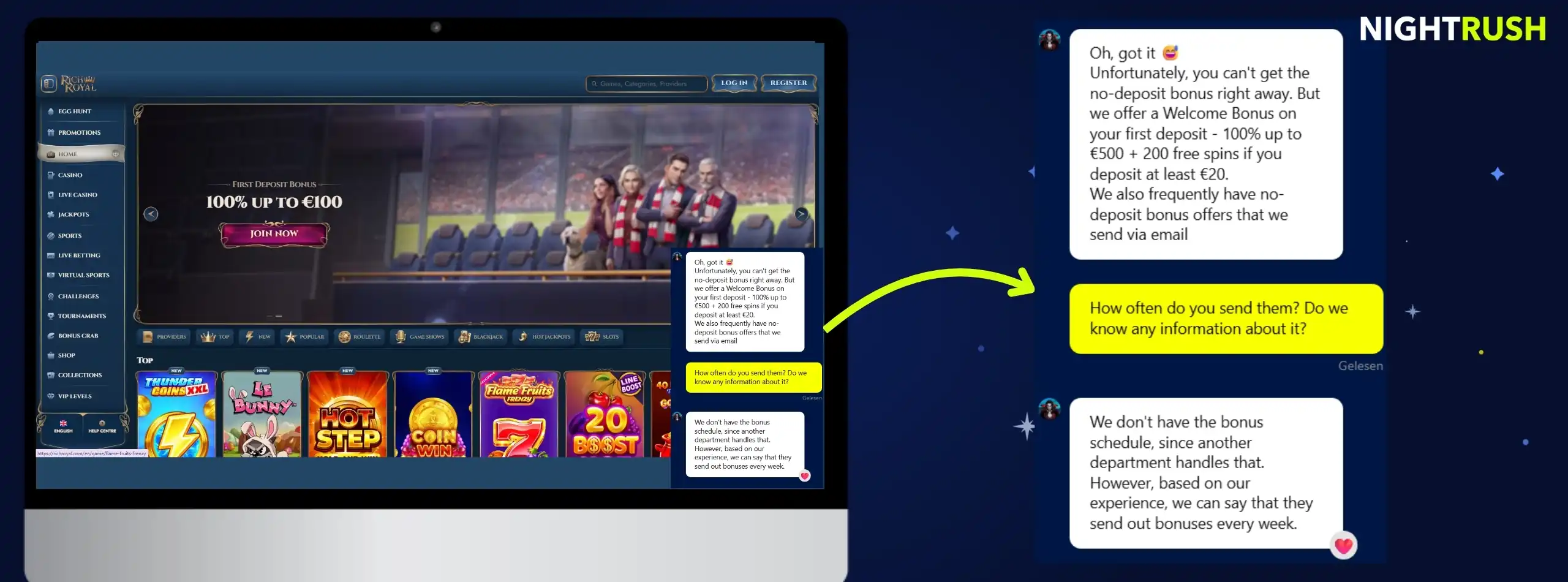 Rich Royal website alongside a customer support chat explaining that a no-deposit bonus is not available immediately, a 100% welcome bonus is offered on the first deposit, and bonus emails are typically sent weekly.