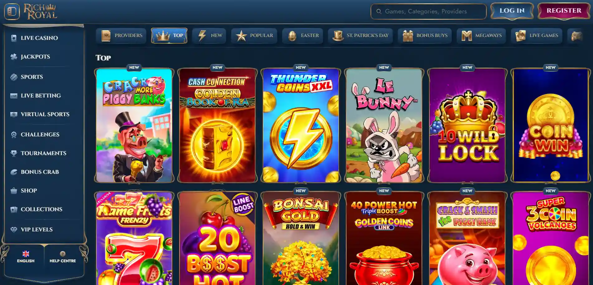 alt text: Rich Royale Casino slot games page