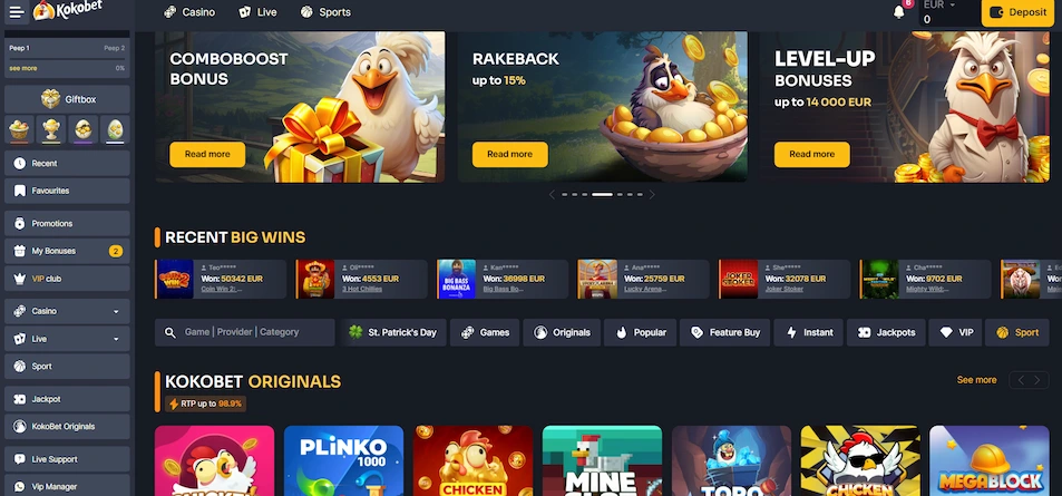 Koko.bet casino homepage, casino bonus at the top of the page, with casino's mascot of roosters, menu options, sign up and log in buttons, selected kokobet originals and top games.