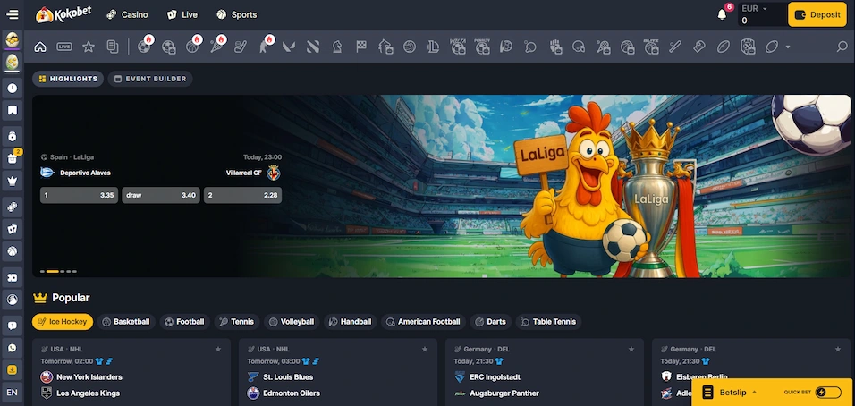 Kokobet Sportsbook en Casino interface op mobiel apparaat