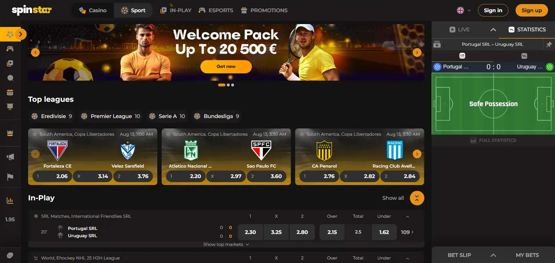 Spinstar's casino sports betting page, welcome package details ona banner with football and tennis player images, menu and filtering options, and selected top leagues and in-play option.