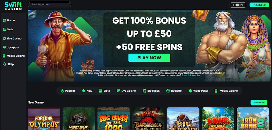 Swift Casino's main page, slot characters with a welcome bonus on a banner against a black setting.