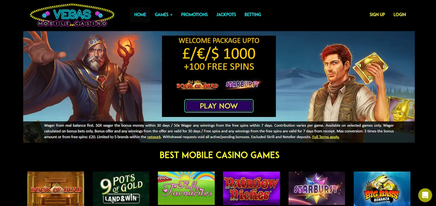 Vegas Mobile Casino with slot characters and bonus details on a banner against a black background.