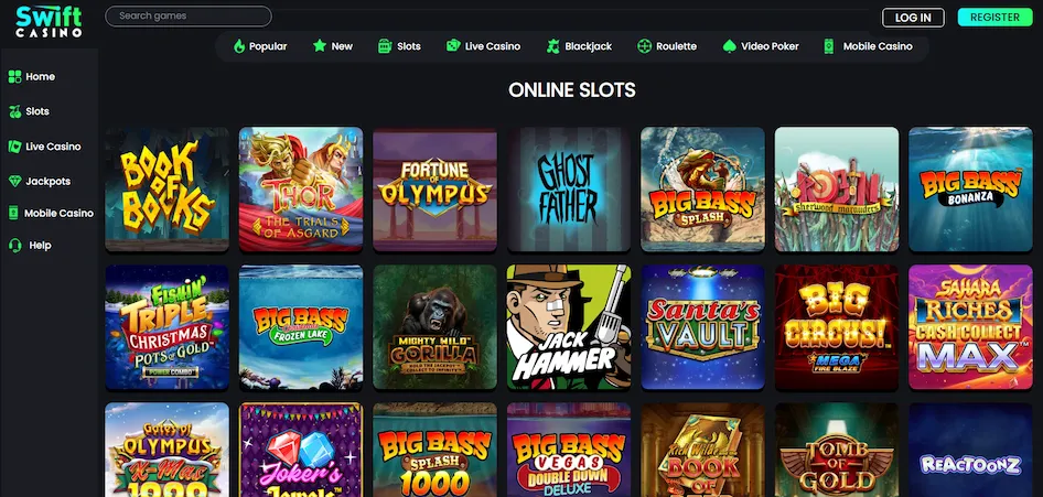 Swift Casino's slots page with selected popular titles against a black setting.