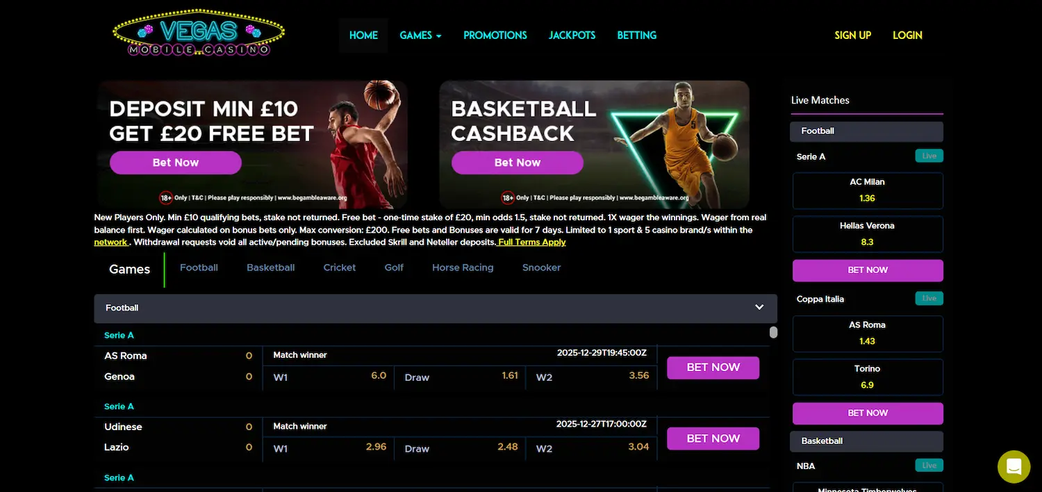 Vegas Mobile Casino's sportbook with matches and promos on a banner against a black background.