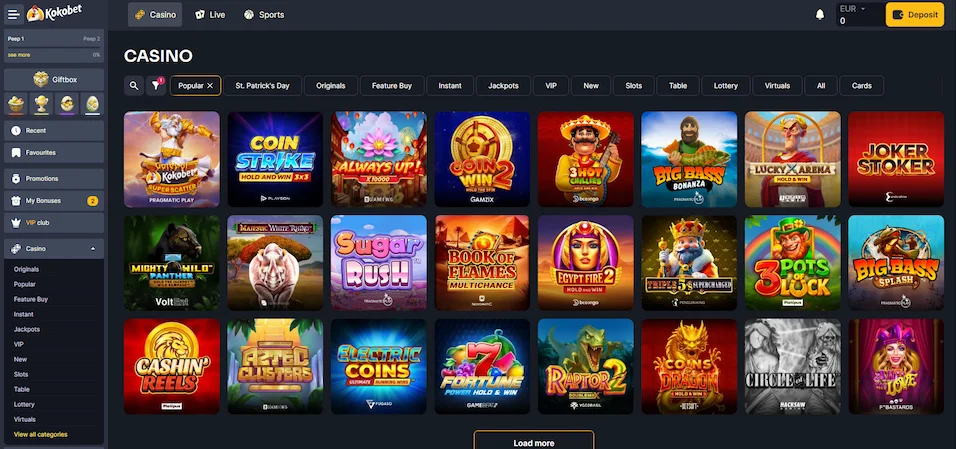Koko.bet's games with a menu and selected popular games against a black background.