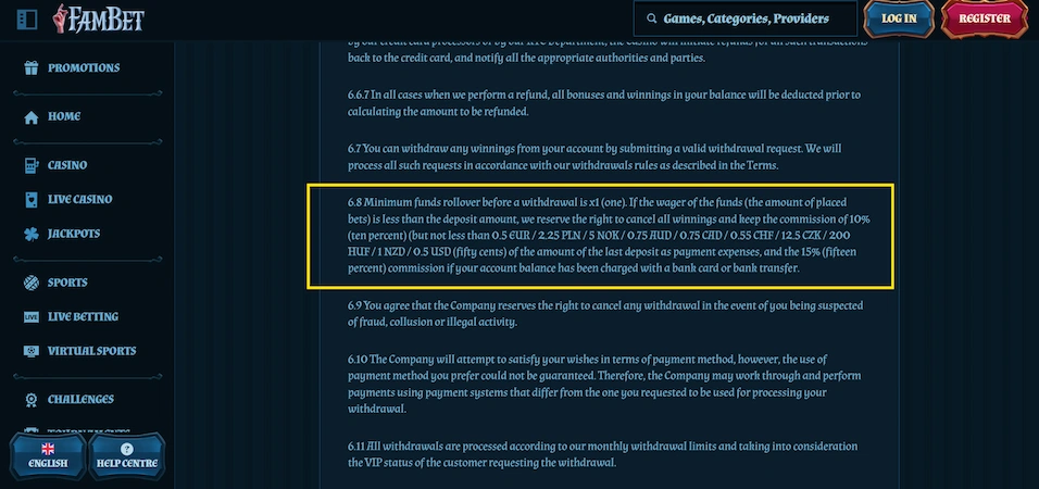 Fambet withdrawal terms and conditions.