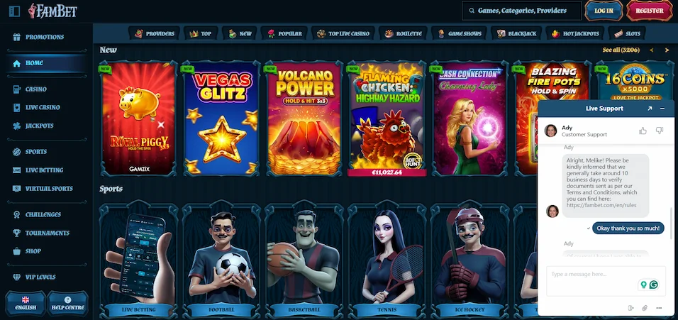 Image displaying a dialogue between player and Fambet live support.