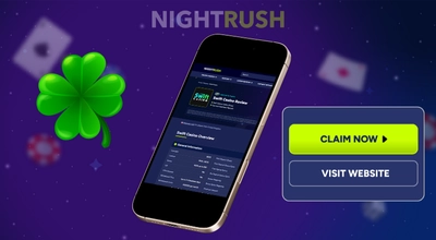 A phone on Nightrush's Swift Casino with a claim now button and a clover against a starry setting.