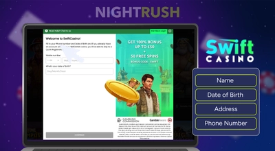 A laptop on Swift Casino with a details button and brand logo against a starry setting.