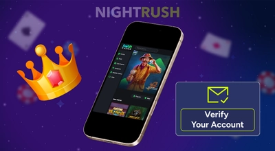 A phone on Swift Casino's main page with a verify button and a crown against a starry setting.