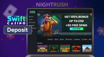 A laptop on Swift Casino with a deposit button and brand logo against a starry setting.