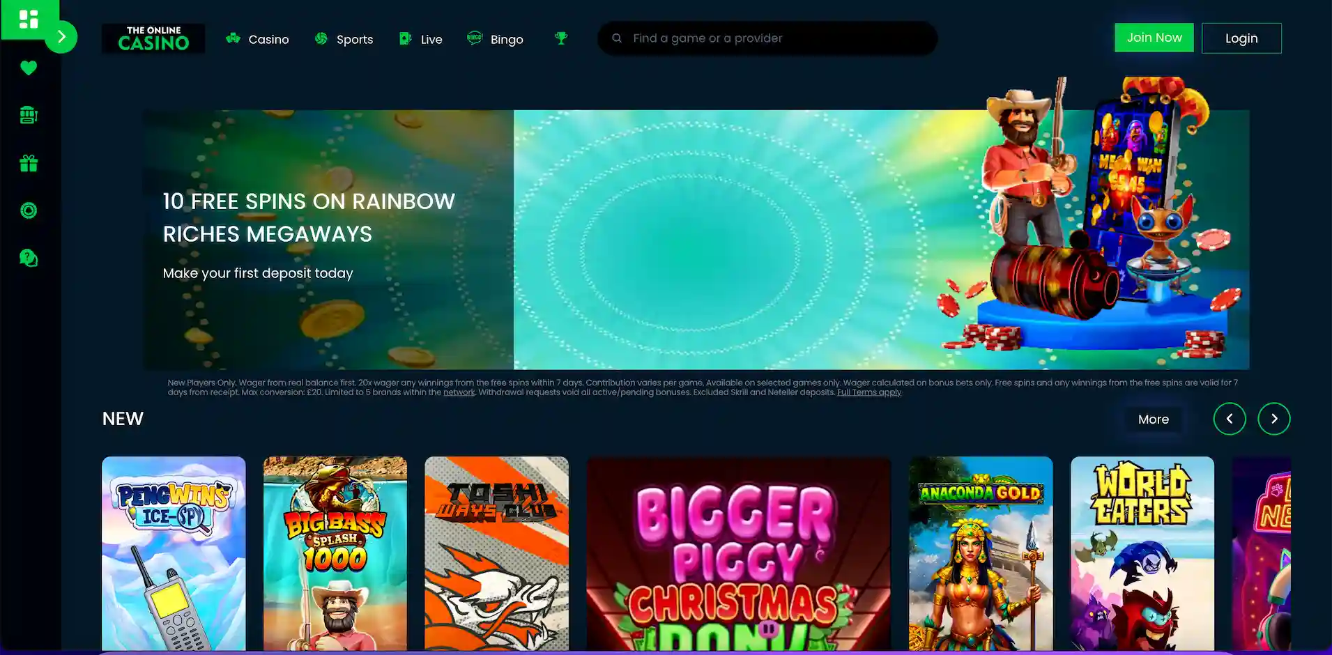 The Online Casino homepage.