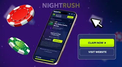 Smartphone showing a casino review with "Visit Website" and Claim Now.