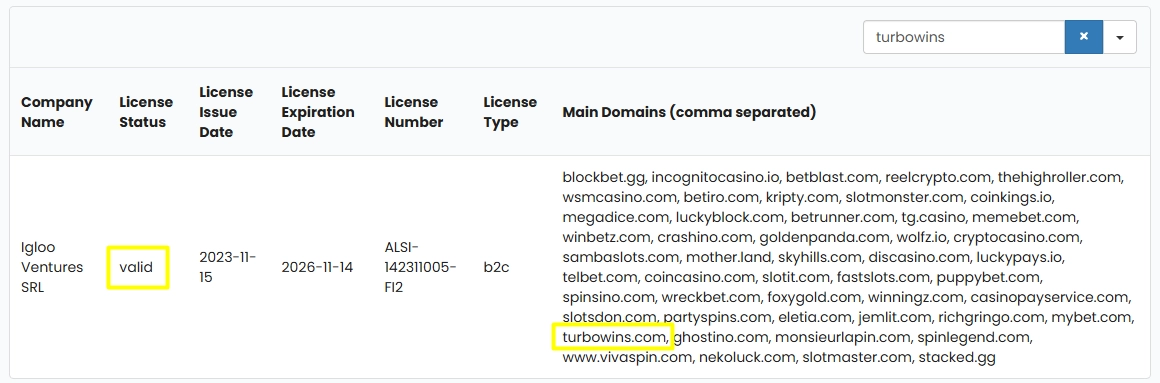 Anjouan Gaming licence registry showing Igloo Ventures SRL and turbowins as valid.