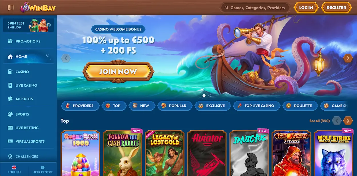 Winbay Casino homepage.