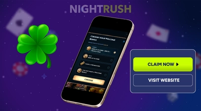 A phone is displaying WonderLuck Casino’s welcome bonuses page, a green clover, and a claim now, visit website button next to it.