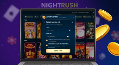 A laptop is showing WonderLuck Casino’s registration page with three gold chips on a dark purple background.