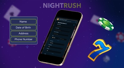 A phone is displaying WonderLuck Casino’s registration page, with a green chip and a seven-symbol, and a personal details button.