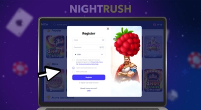 Computer shows Fortunica's sign-up page with a white cursor on a dark blue, starry background.