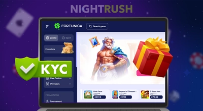 Computer shows Fortunica's sign-up page with a gift box and KYC button on a dark blue, starry background.
