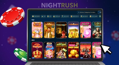 A laptop is showing WonderLuck Casino’s casino game library with one green and one red chip and a white cursor.